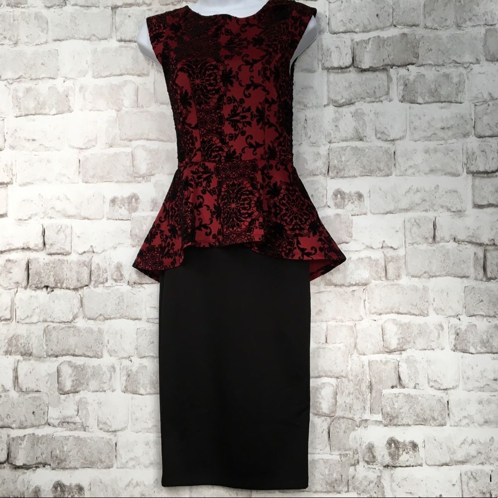 Iris Women's Dress Peplum Cap Sleeve Red Brocade Black Size S